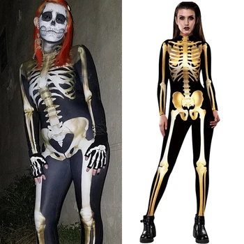 Halloween Kostüüm Täiskasvanute Väljamõeldud Print Isik Cosplay Skelett Naiste Bodycon Vampiir Streetwear Päeval Surnud Seksikas Õudus Kombekas
