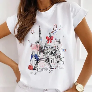 Pariisi Eiffeli Torn Naiste T-särk Londoni Kuulsa Linna Vaatamisväärsusi Naljakas vabadussammas Trükkimine Suvel Vabaaja Naiste Topid, Tees