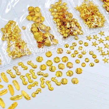Segada stiile kuldsed 3d nail art kaunistused kammkarp conch shell seahorse küüned aksessuaarid tarvikud tööriistad mere stiilis