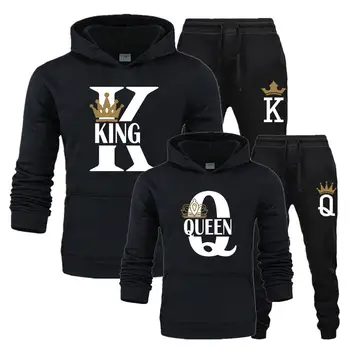 2022 Uus Mood Armastaja Paar Sportwear Set Kuningas Kuninganna Trükitud Kapuutsiga Riideid 2tk Komplekt Topp ja Püksid Suurus Hupparit Naiste