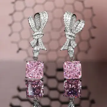 Bowknot Pink Diamond Tolknema Kõrvarõngas 100% Reaalne 925 sterling hõbe Ehted Pulm Tilk Kõrvarõngad Naistele Pruudi Lubadus Ehted