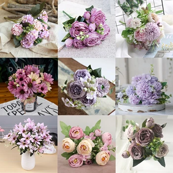 1 Kimp lilla tehislilled Pojeng Tee Rose Sügisel Silk Võltsitud Lilled DIY elutuba Kodu Aias Pulm Teenetemärgi