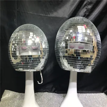 KS87 Isik kannab hõbedane peegel dj kiiver baar tantsu kostüümid peegel headpiece klaasist palli riietama led kostüümid hõõguv varustus näidata