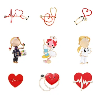 Meditsiinitarbed Rinnamikrofon Nööpnõelad Mood Karikatuurid Õde Avatari Emailiga Märgid Naiste Stetoskoop Ja Elektrokardiogrammi Prossid Ehted