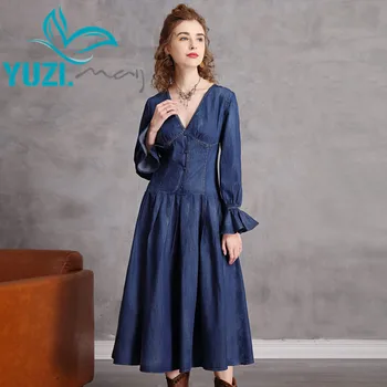 Suvine Kleit 2021 Yuzi.võib Boho Uus Denim Naiste Kleidid, V-Kaeluse Põletatud Varrukad Ühe Breated Vintage Vestidos A82279 Vestido