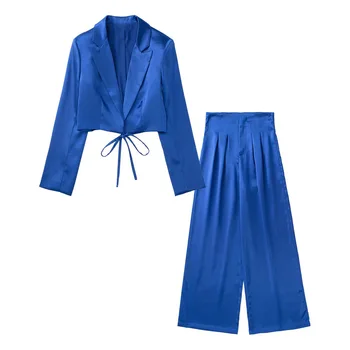 PB & ZA2022 suvel uus naiste riided fashion commuter temperament vabaaja satiinist lahtise tekstuuriga särk + püksid sobivad