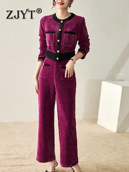 ZJYT sügis Talv Velvetist Jakk, Püksid, Ülikond, Komplekt Naistele 2022 Fashion Color Block Paks Kaks Tükki Varustus Vintage Püksid