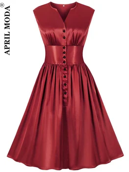 Elegantne Vintage Varrukateta Satiinist Plisseeritud Retro Kleit Naiste Sidemega Nupp Ees Kiik Pinup Vabaaja 50s Suvi Kleidid Kleit Femme