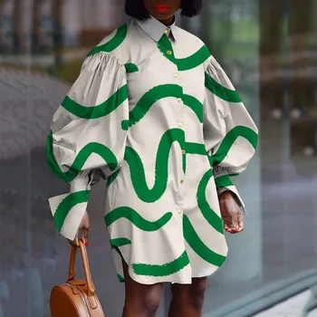 2022 Sügisel Uus Kleit Naiste Roheline Trükitud Laterna Varruka Sirge Mini Pikkus Mood Õhtul Öösel Õhtusöök Kandma Kleidid Kuum