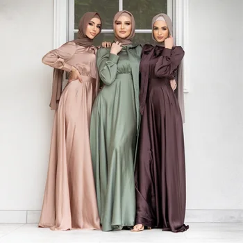 Moslemi Satiin Naiste Kleit araabia Abaya Elegantne Pikkade Varrukatega Dubai Abayat Maxi Hommikumantlid Rüü Mousseline de Soie Musulmane