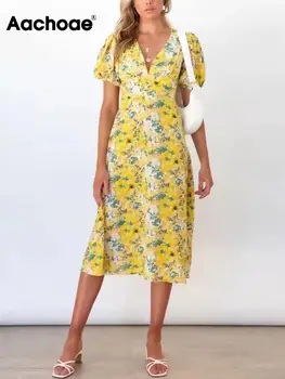 Aachoae Elegantne Õie Printida Midi Kleit Seksikas Naiste V-Kaeluse Lühikese Varrukaga Kleit Daamid Mood Vabaaja Joonega Kleidid Rüü Femme
