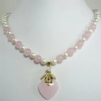 trendikas segatud valge pärl, roosa Loomulik jade kaelakee +südamega ripats