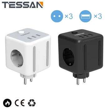 TESSAN EU Pistik Cube Pesa on/Off Lüliti 3 AC Turustusvõimalusi ja 3 USB-Porti, 100-250V Laiendamise Pesa Võimsusega Riba Kodu, Kontor