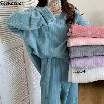 Naiste Pajama Komplekti Lapp Solid Plus Velvet Paksem Homewear Naine Kõik-sobib Soe Vabaaja Päevane Põhi-korea Stiilis Elastne Vöökoht