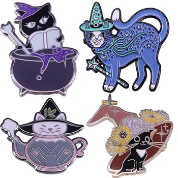 Witchy Kass Teekann Cauldron Kitty Võlurite Emailiga Sõle Sõrmed Pääsme Rinnamikrofon Pin-Sulam, Metall, Ehted Aksessuaarid Kingitused