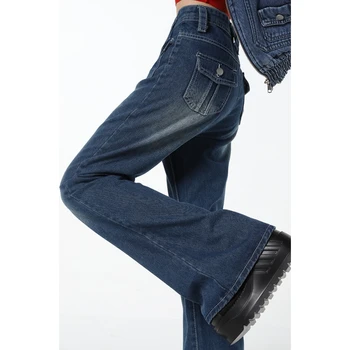 Sinine Kõrge Vöökoht Naiste Teksad Põletatud Püksid American Vintage Fashion Street Lai Jalg Jean Naiste Denim Püksid Kottis Denim Püksid